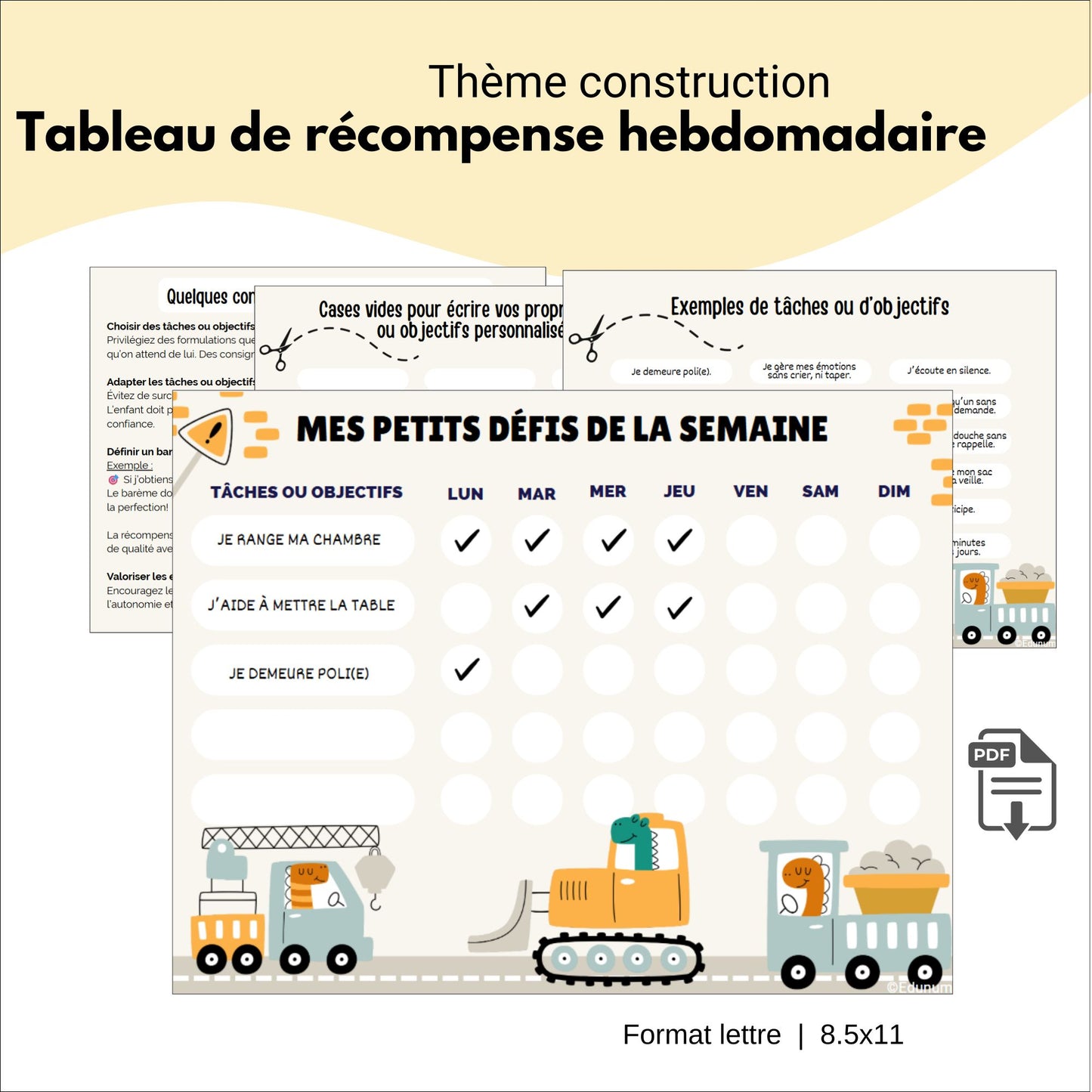 Tableau de récompense hebdomadaire  – Thème construction