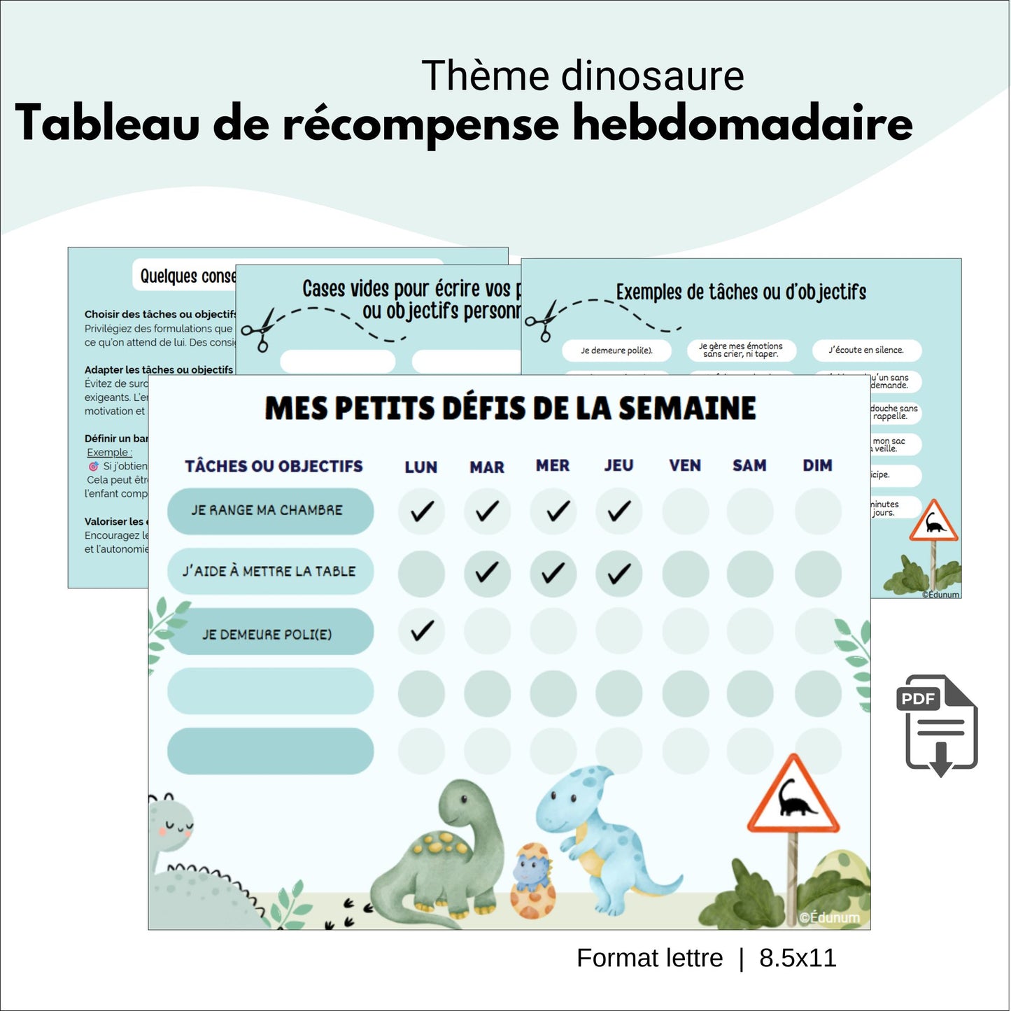 Tableau de récompense hebdomadaire – Thème dinosaures