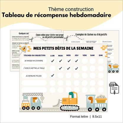 Tableau de récompense hebdomadaire  – Thème construction