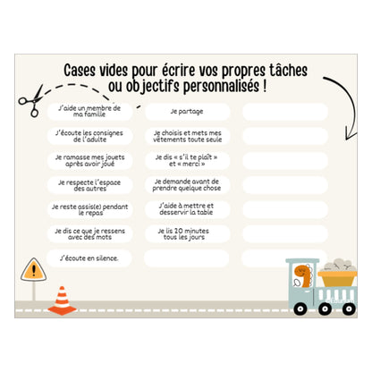 Tableau de récompense hebdomadaire  – Thème construction