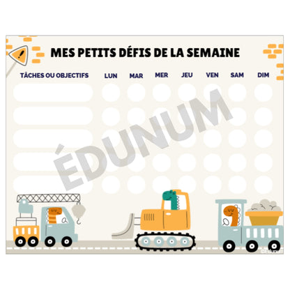 Tableau de récompense hebdomadaire  – Thème construction